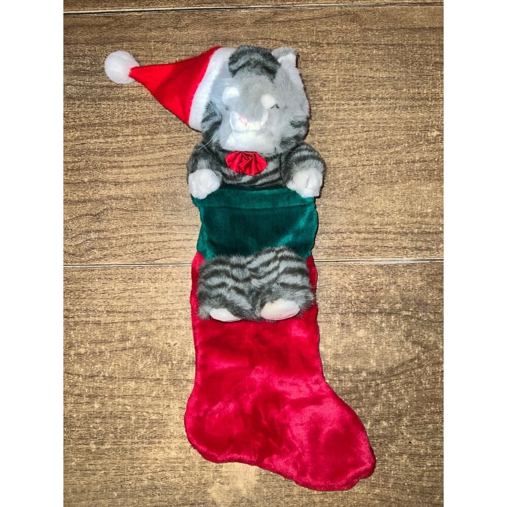 Vintage Gray Striped Cat Plush‎ 3D Christmas Hanging Socking 90s Christmas Cats